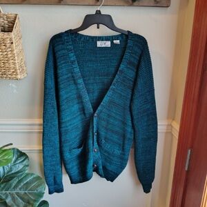 Vtg TJW Mervyns Grandpa Knit Sweater Blazer Mens XL Blue Black Leather Buttons